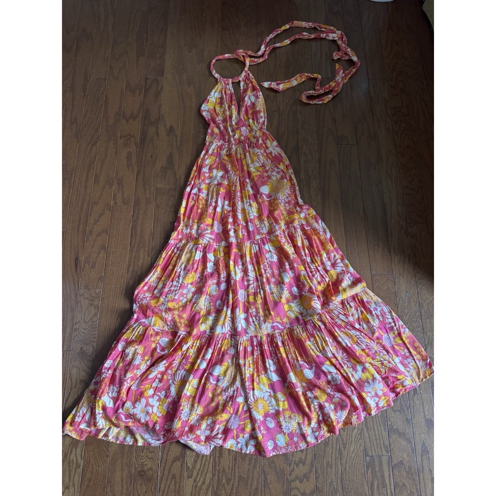 Aakaa Floral Halter Maxi Dress Sz S Boho Open Back Pink Retro Festival Rayon - Picture 2 of 9